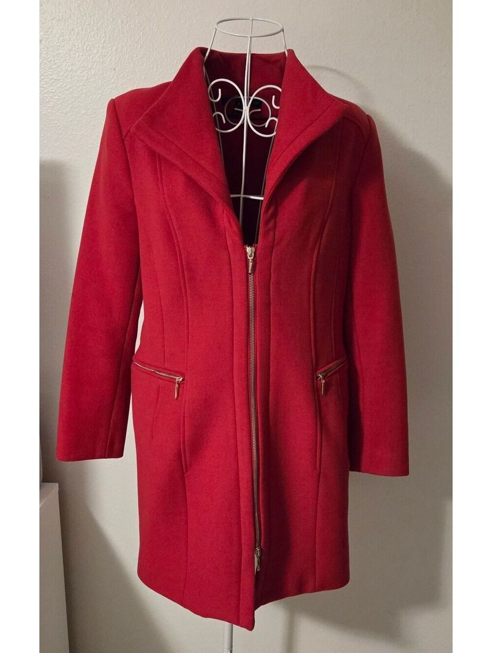 White House Black Market Red Wool Blend Zip-Up Coat with Gold Zipper Pockets